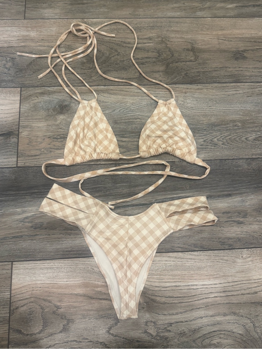 Montce Beige Cream Gingham Triangle Bikini Set Size Large